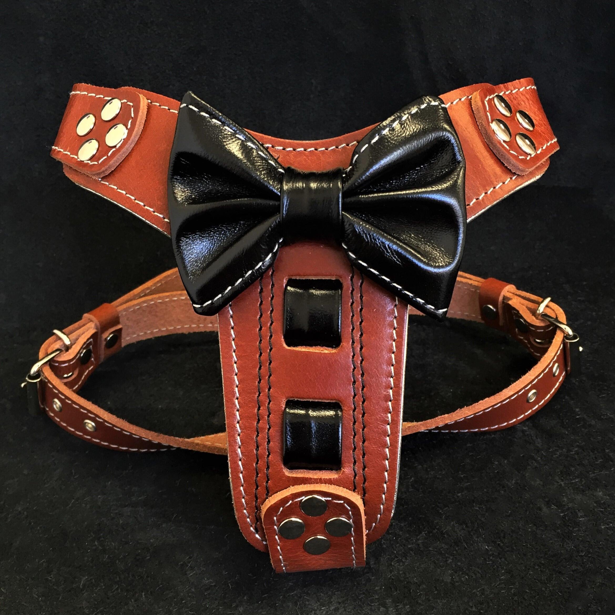 Arnés de cuero "Bowtie" marrón Talla pequeña a mediana
