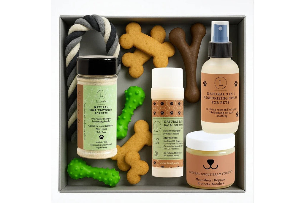 Caja de regalo para mimar a tu mascota - Kit de bienestar totalmente natural para mascotas: bálsamos calmantes y polvos herbales para el pelaje