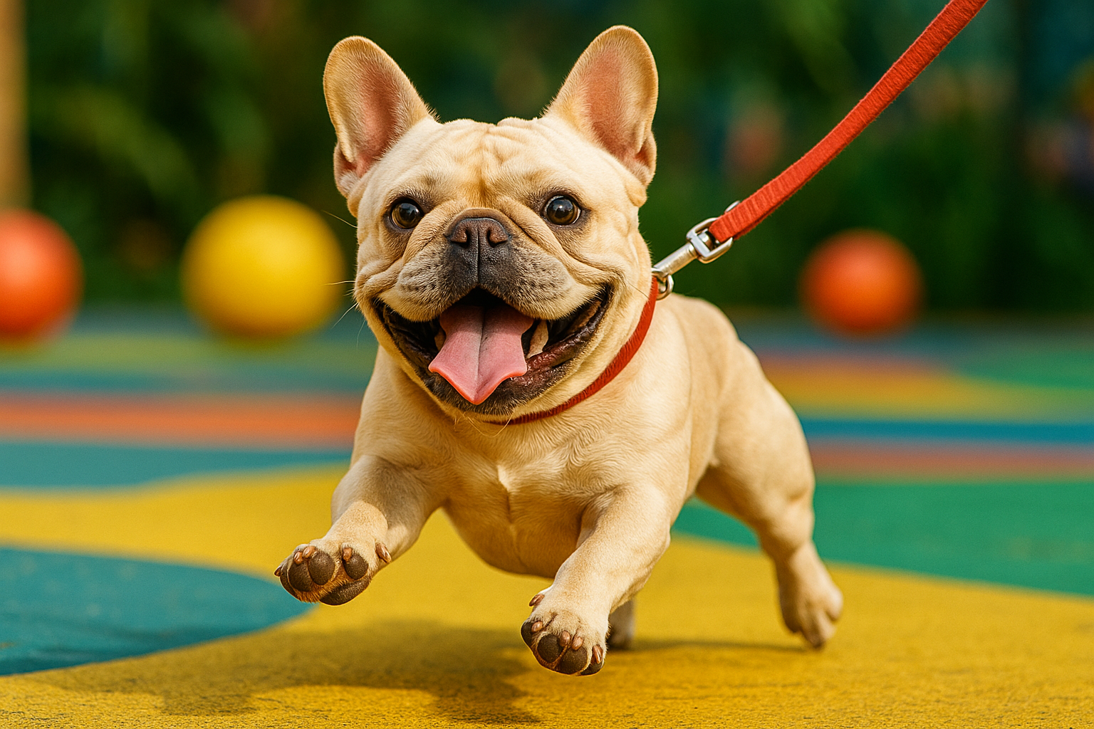 UN CHIEN FRENCHIE EN LAISSE DE COULEUR ROUGE UN CHIEN TRES JOYEUR DANS UN AIR DE JEU AVEC UNE D IMAGE HYPER RÉALISTE 